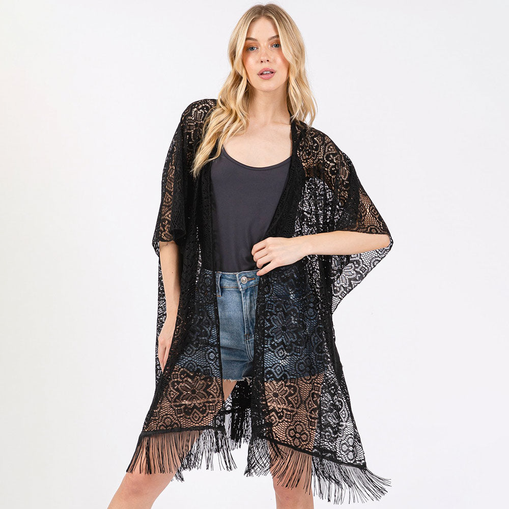 Flower Pattern Crochet Lace Tassel Cover Up Poncho