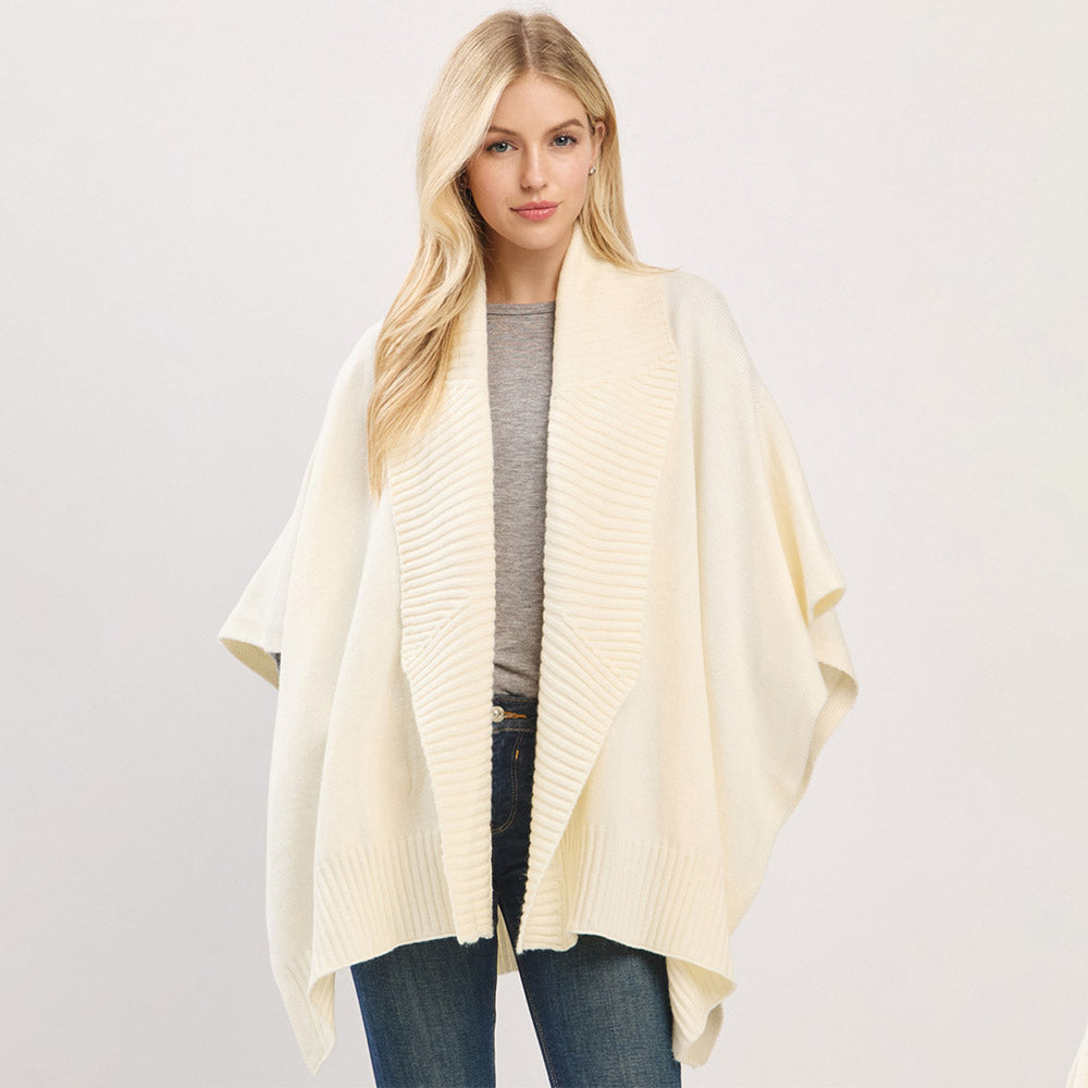 Ribbed Trim Open Front Soft Knit Shawl Cape Poncho