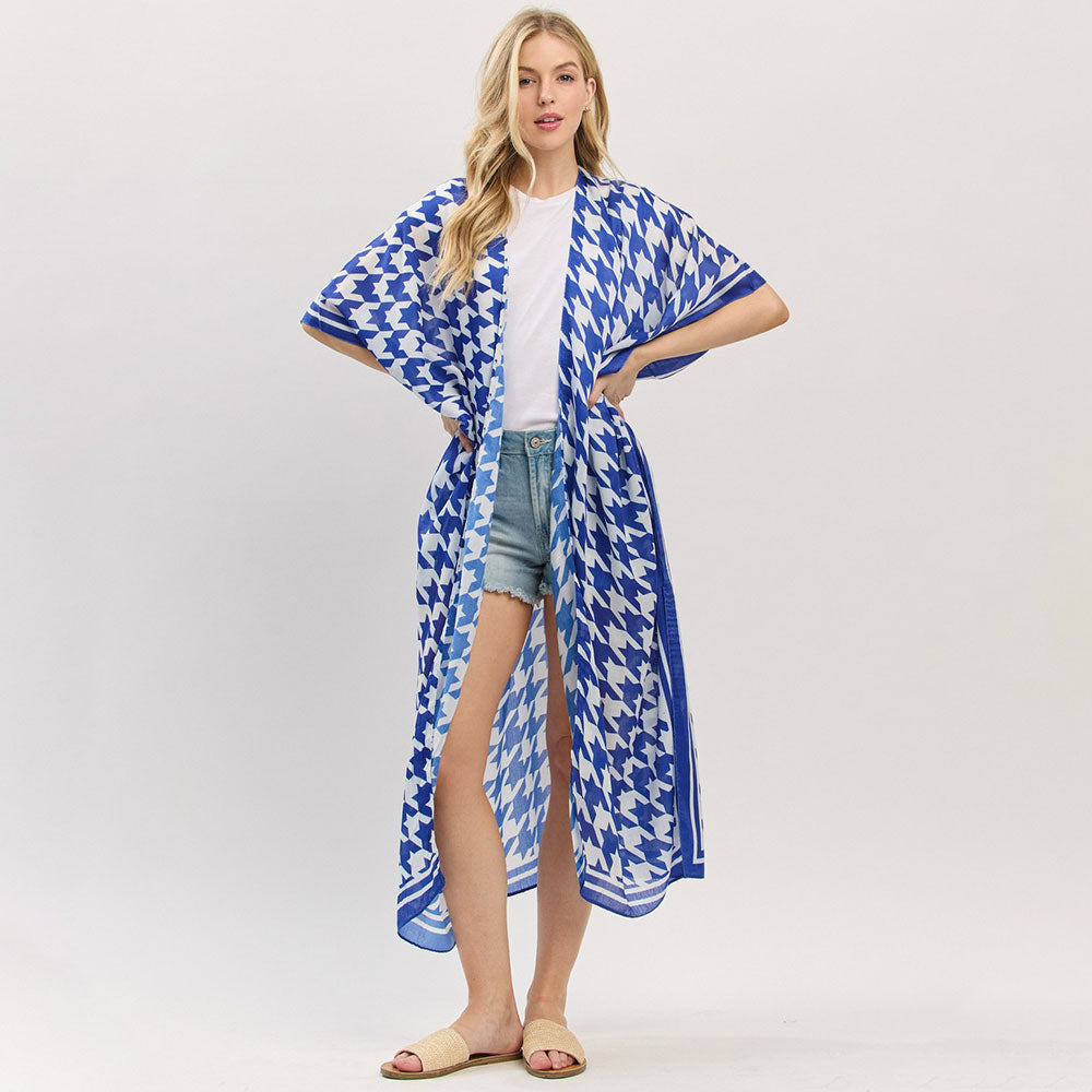 Houndstooth Print Open Front Long Kimono Poncho