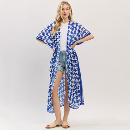 Houndstooth Print Open Front Long Kimono Poncho