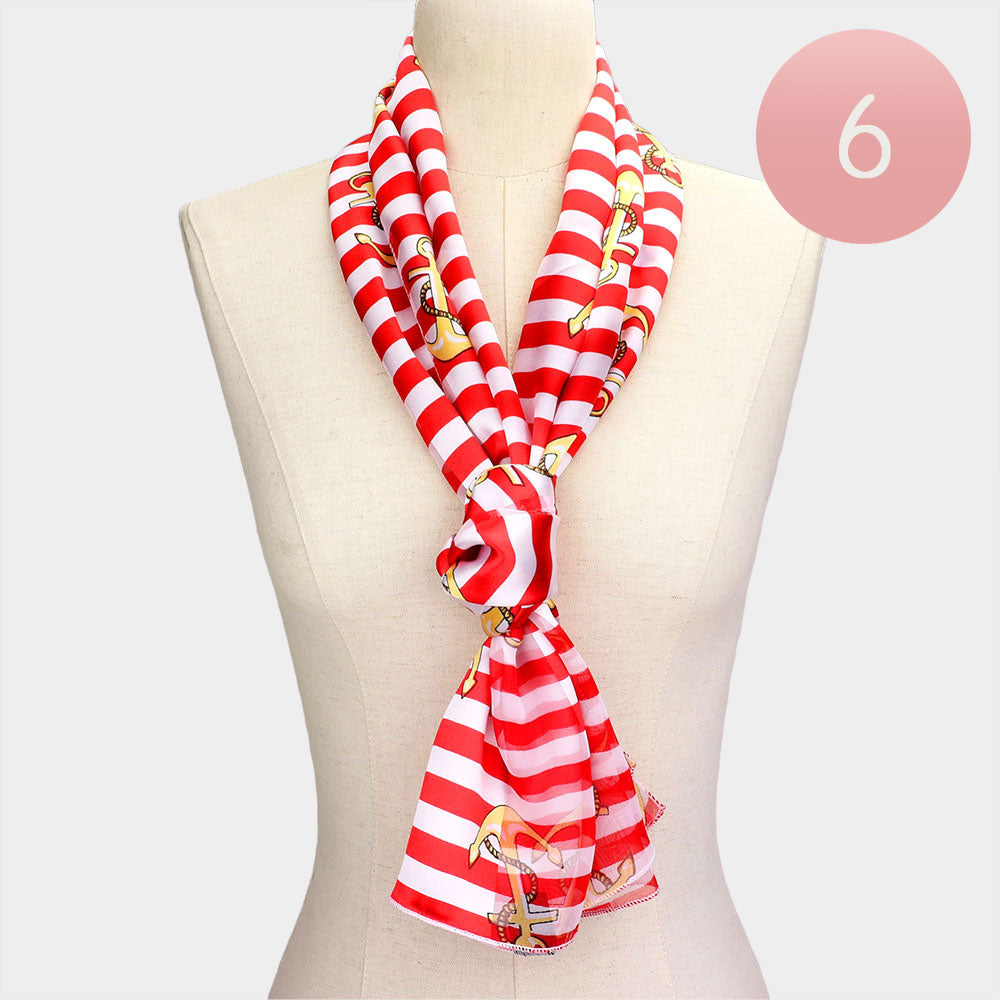 6PCS - Satin Striped Anchor Pattern Print Scarves