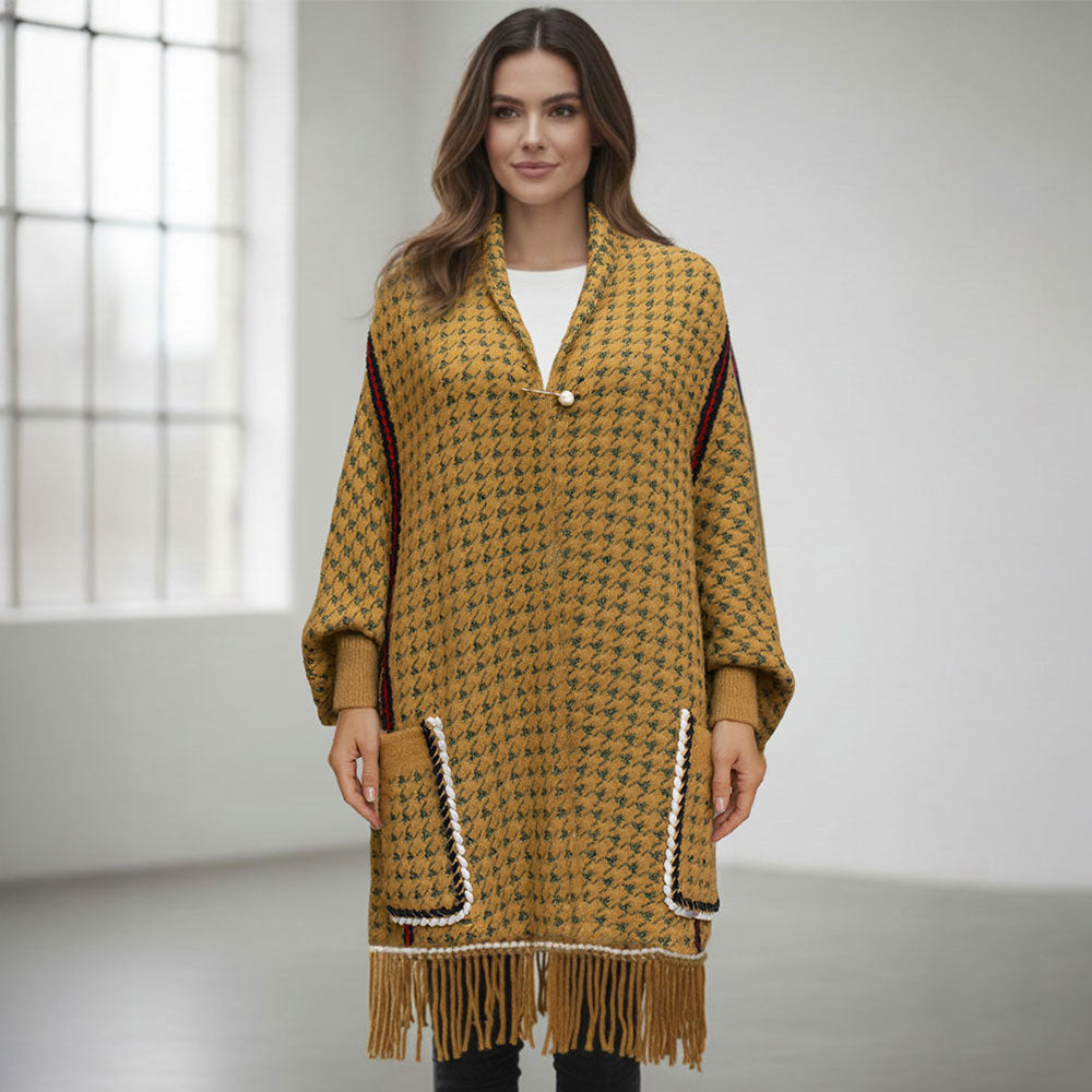 Open Front Houndstooth Fringe Knit Poncho