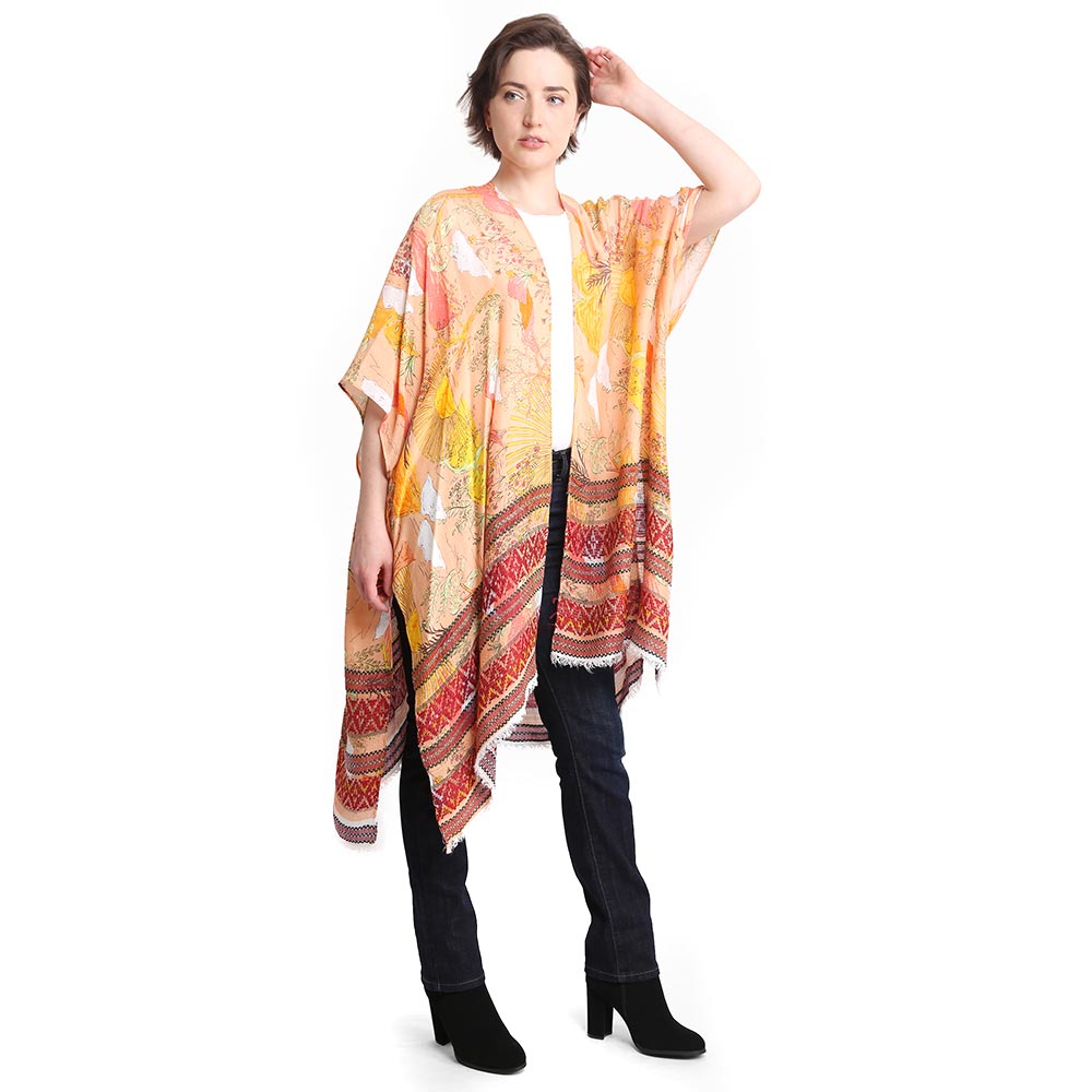 Leaf Patterned Cover Up Kimono Poncho