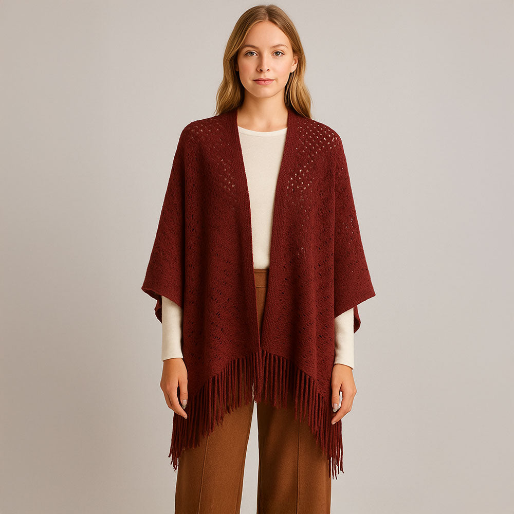Fringe Open Knit Crochet Draped Shawl Wrap Ruana Poncho