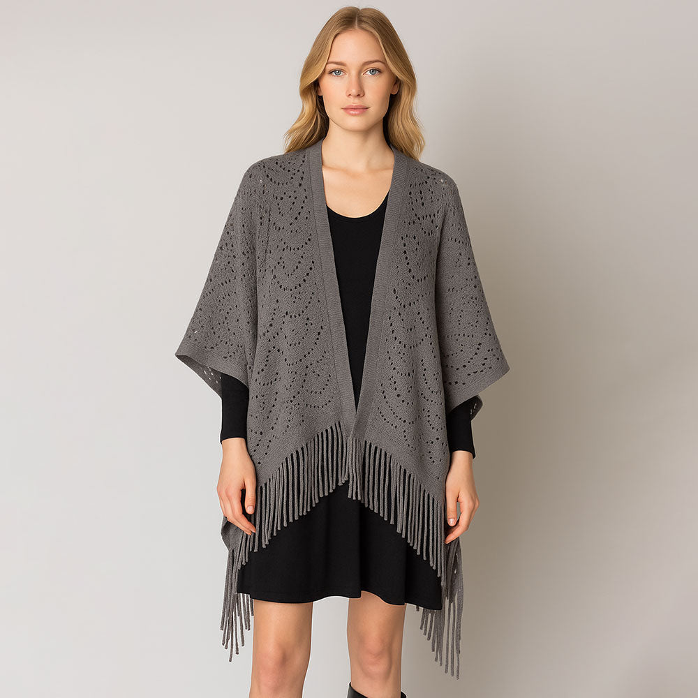 Fringe Open Knit Crochet Draped Shawl Wrap Ruana Poncho