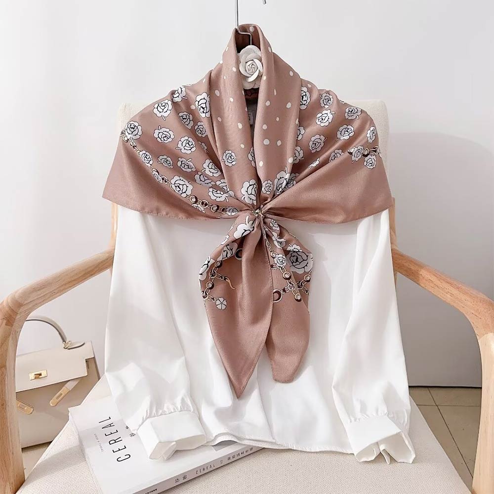 Silk Feel Rose Print Square Scarf