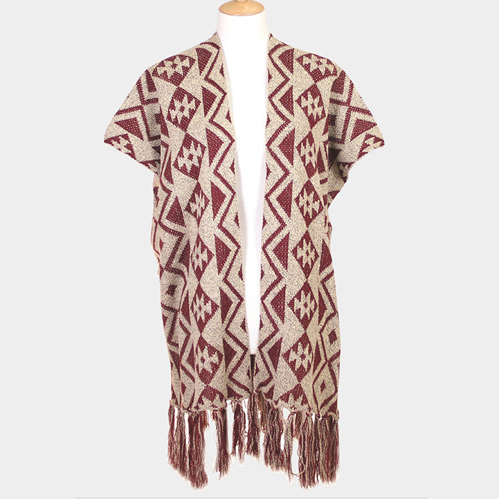 Geometric Pattern Fringe Edge Angora Poncho