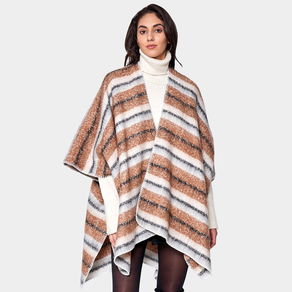 Cozy Striped Three Tone Ruana Poncho