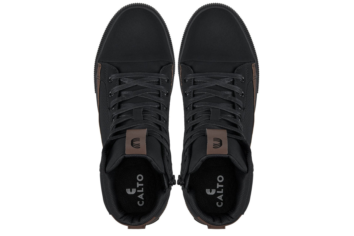 CALTO - S3422 - 2.4 Inches Taller (Black/Coffee Brown) - Cap Toe High Top Zip-Up Sneaker Boots