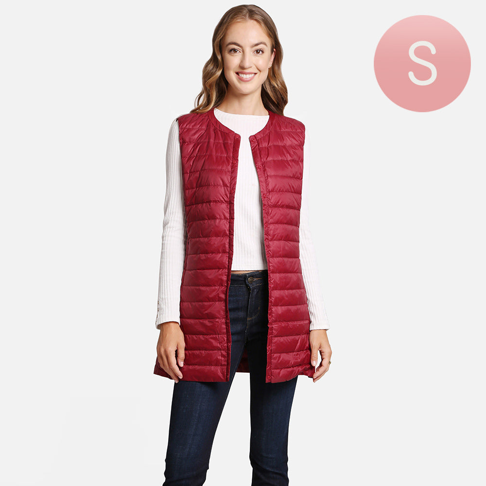 Solid Light Long Puffer Front Pockets Button Vest