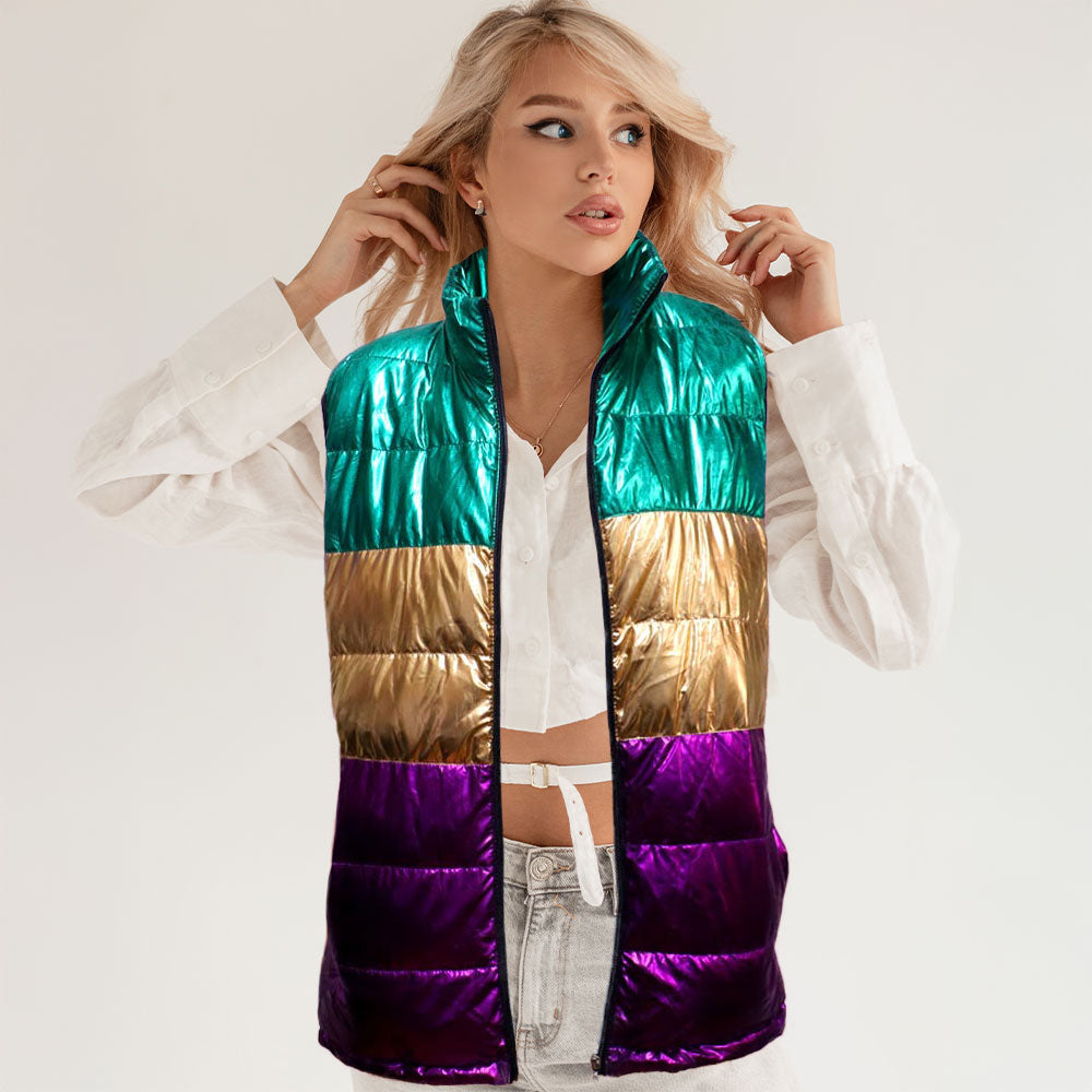 Women's Mardi Gras Color Block Puffer Vest