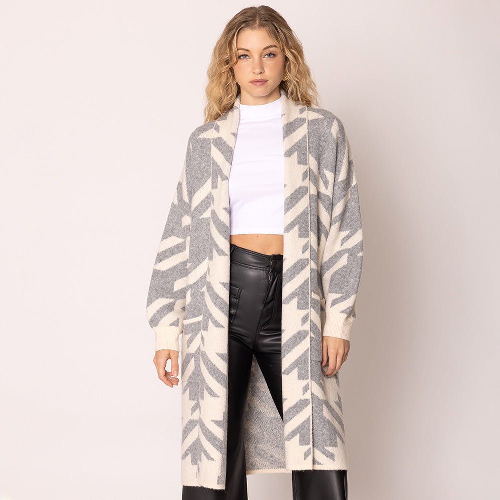 Open Front Houndstooth Pattern Long Cardigan