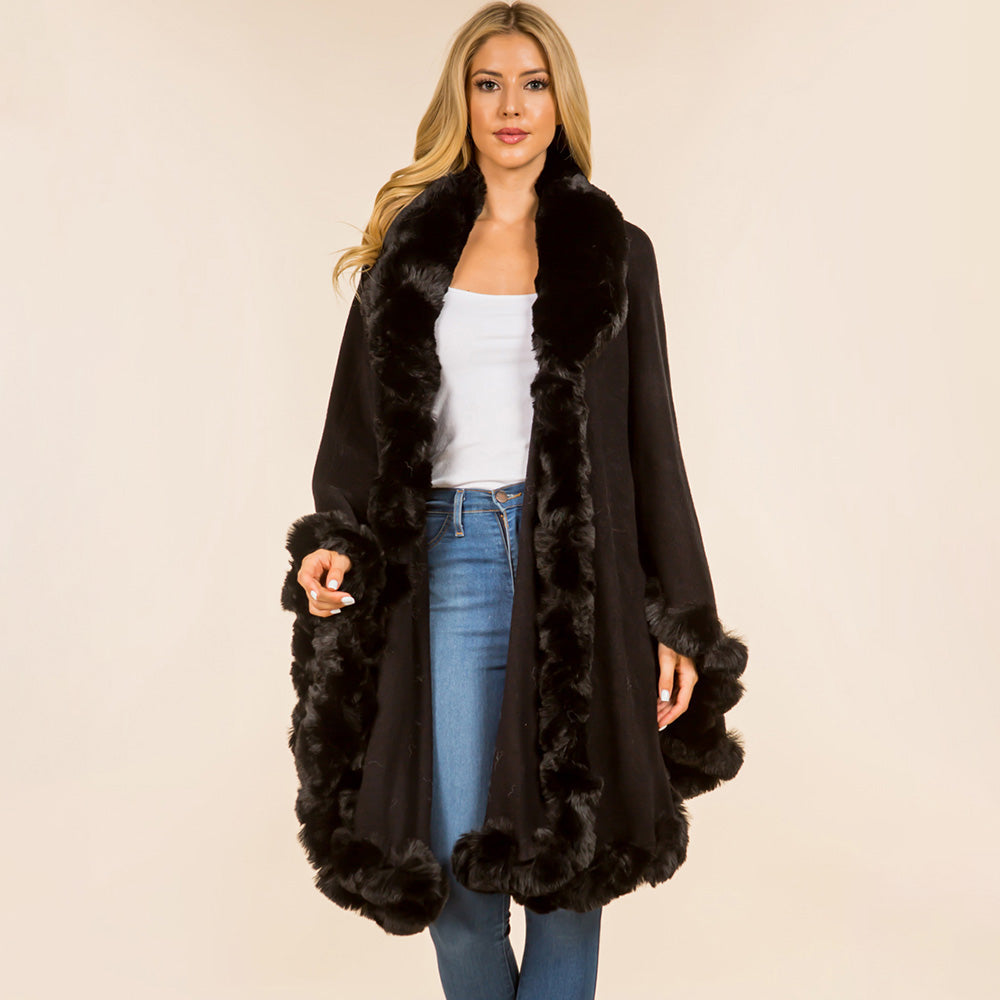 Faux Fur Trim Flowing Shawl Cape Poncho