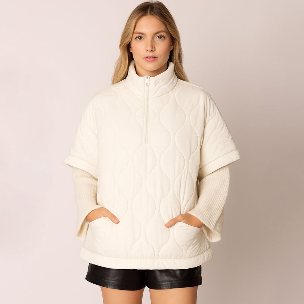 Quilted Short Sleeves Puffer Pullover Poncho