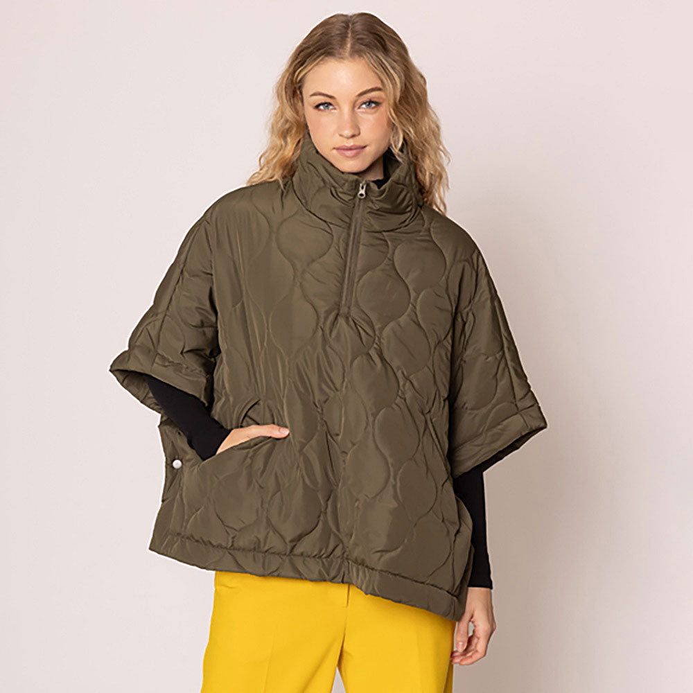 Quilted Short Sleeves Puffer Pullover Poncho