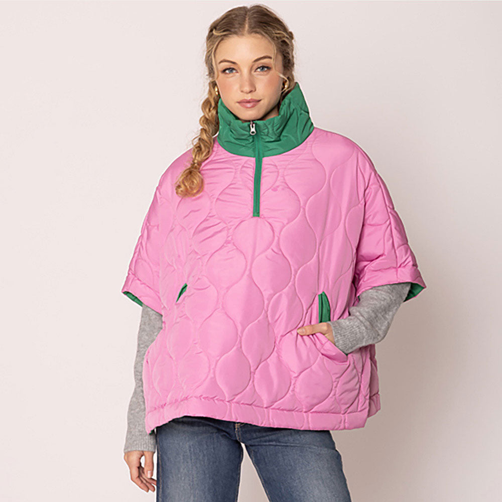 Quilted Short Sleeves Puffer Pullover Poncho