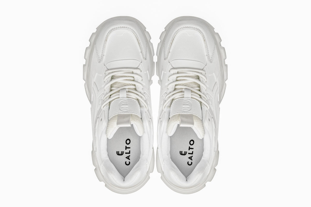 CALTO - S5285 - 2.6 Inches Taller (White/Translucent White Sole) - Chunky Sole Sporty Sneakers