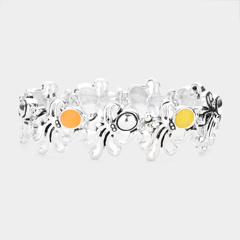 Sea Glass Accented Metal Octopus Cluster Stretch Bracelet