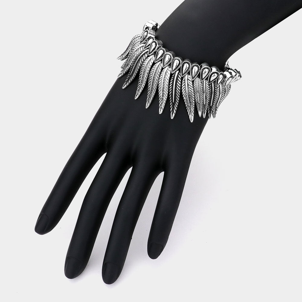 Antique Metal Feather Fringe Stretch Bracelet