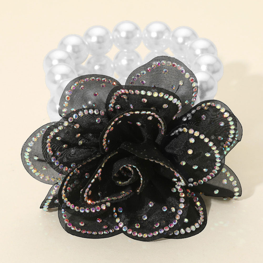 Bling Studded Fabric Flower Statement Faux Pearl Beaded Stretch Bracelet