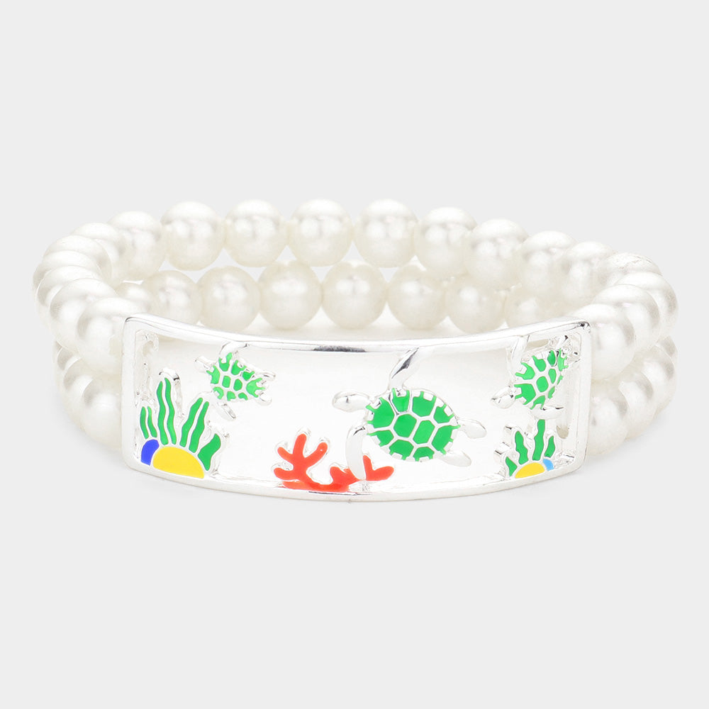 Enamel Turtle Coral Accented Double Layered Pearl Stretch Bracelet