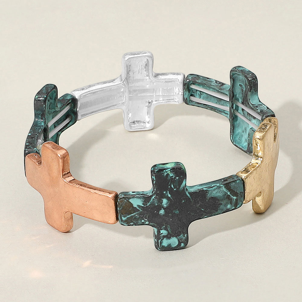 Women's Worn Metal Cross Stretch Bracelet