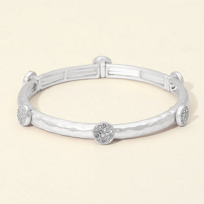Stone Pave Disc Accent Hammered Metal Stretch Bracelet