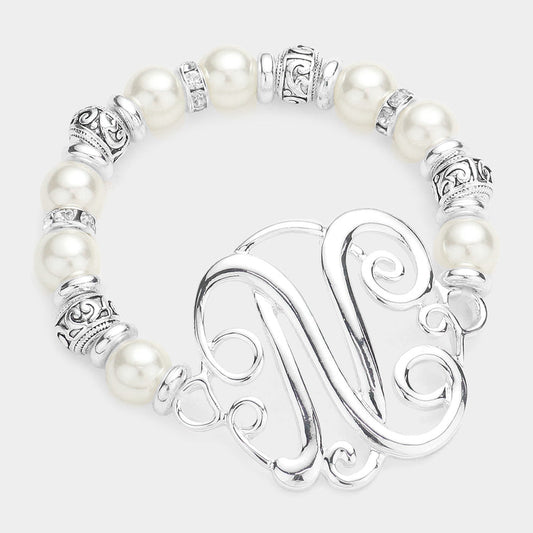 -N- Initial Monogram Charm Pearl Filigree Stretch Bracelet