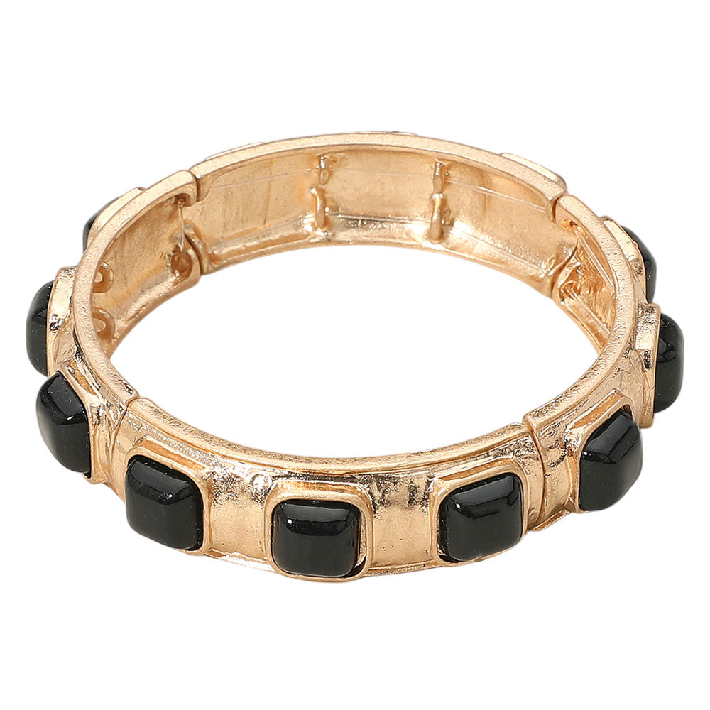 Square Bead Embellished Hammered Metal Stretch Bracelet