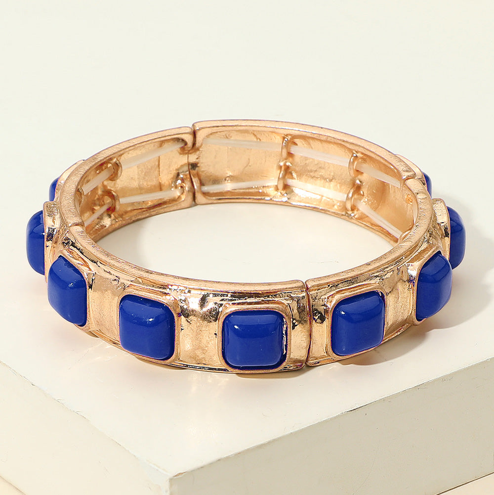 Square Bead Embellished Hammered Metal Stretch Bracelet