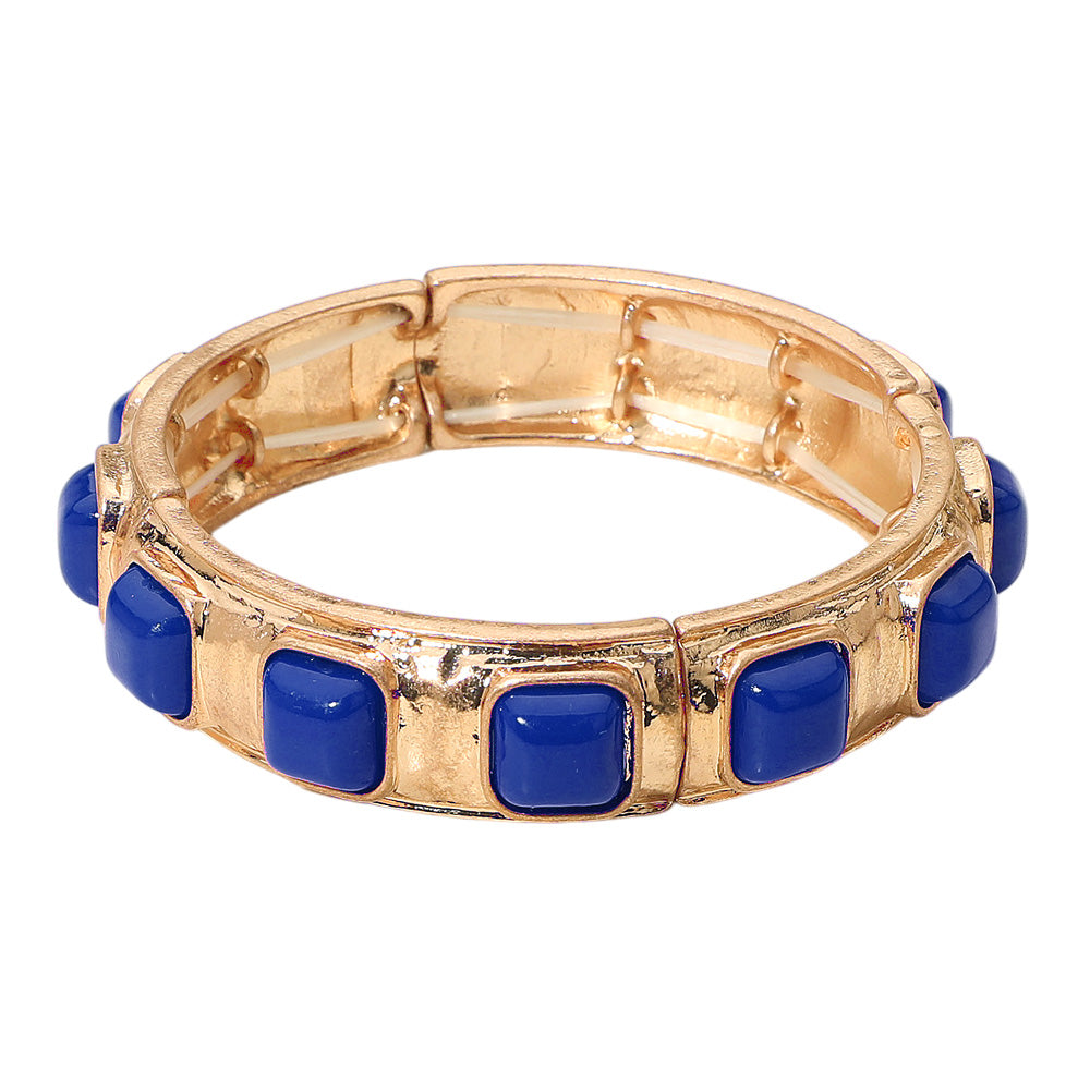 Square Bead Embellished Hammered Metal Stretch Bracelet