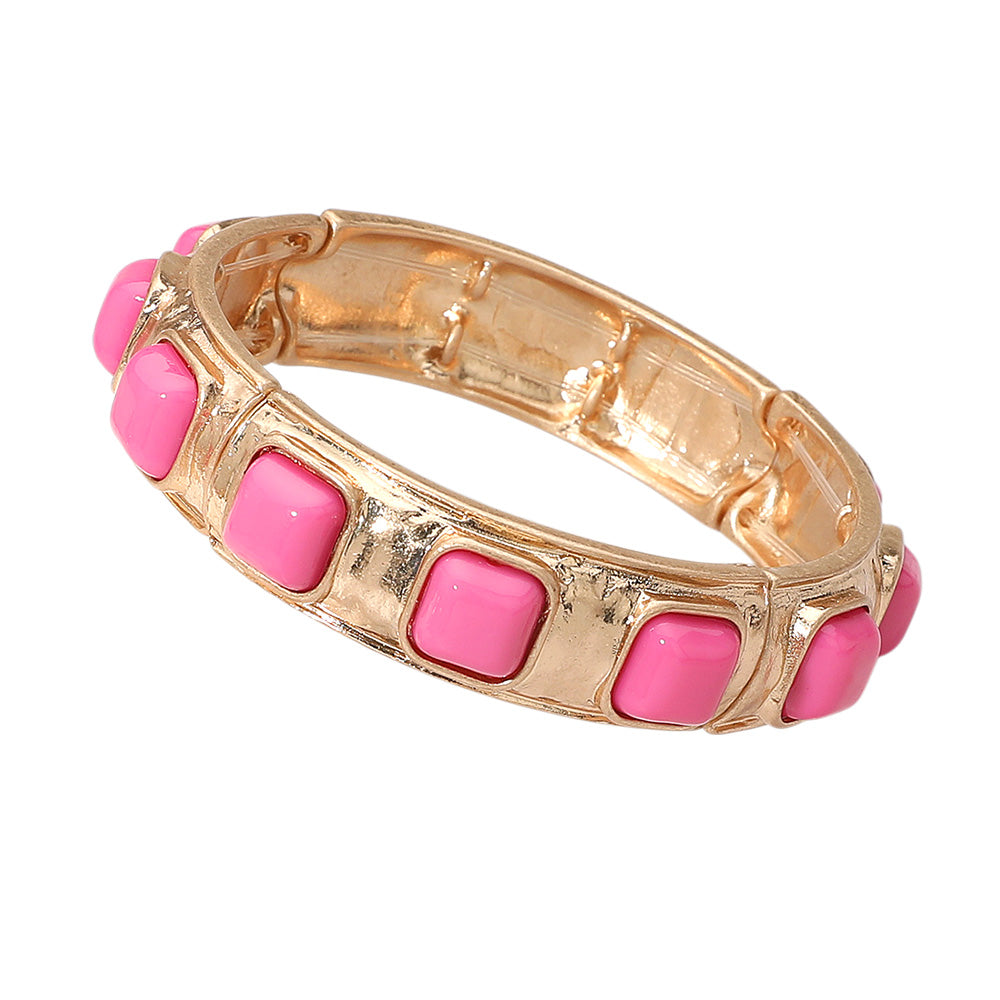Square Bead Embellished Hammered Metal Stretch Bracelet