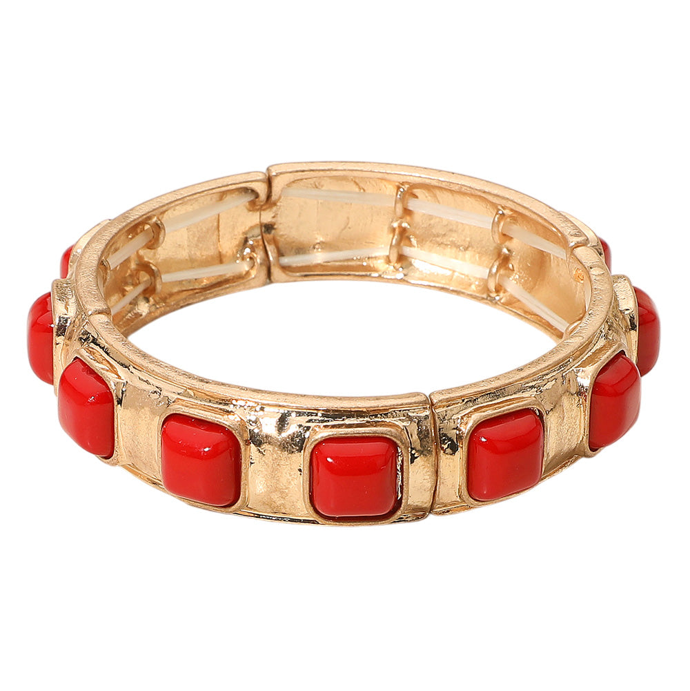 Square Bead Embellished Hammered Metal Stretch Bracelet