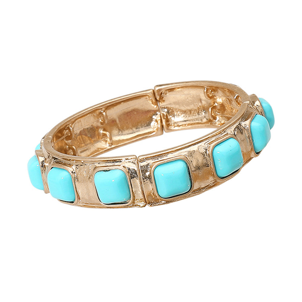 Square Bead Embellished Hammered Metal Stretch Bracelet