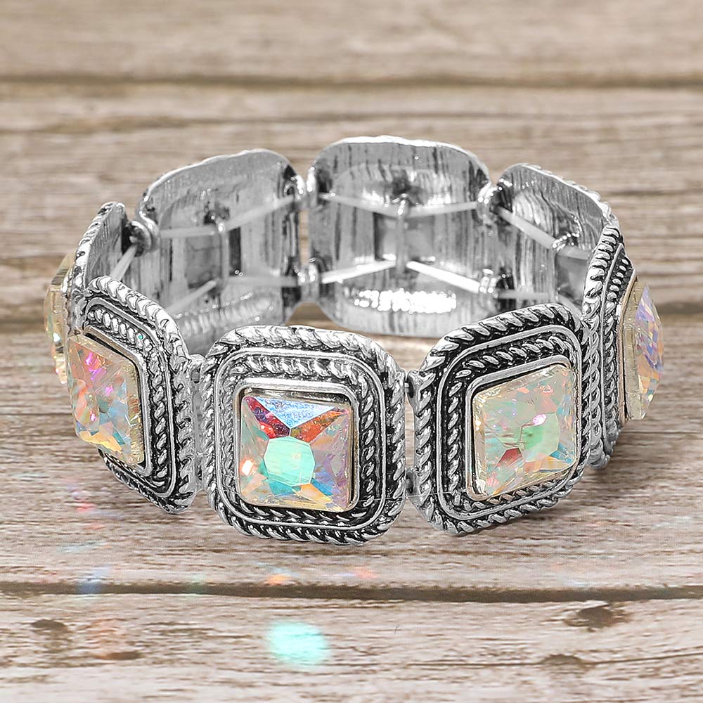 Vintage Square Stone Cluster Beaded Stretch Bracelet