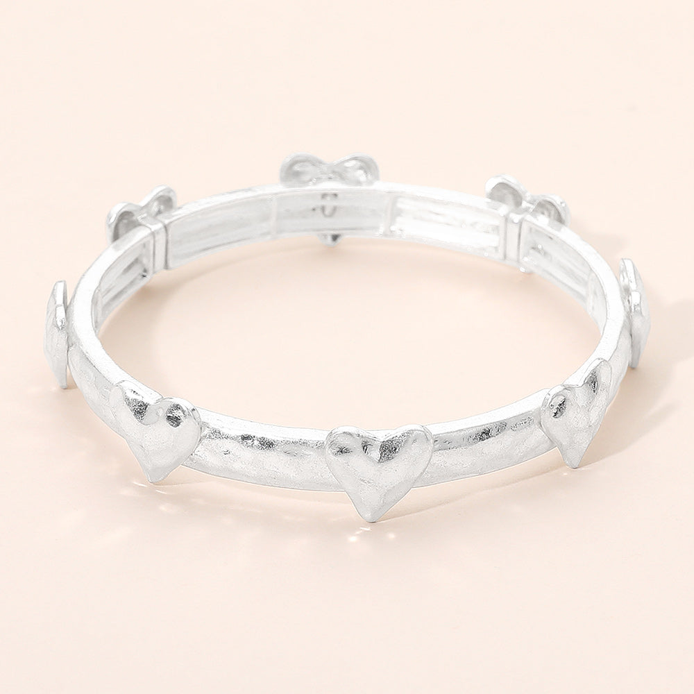 Hammered Brushed Metal Heart Accent Stretch Bracelet