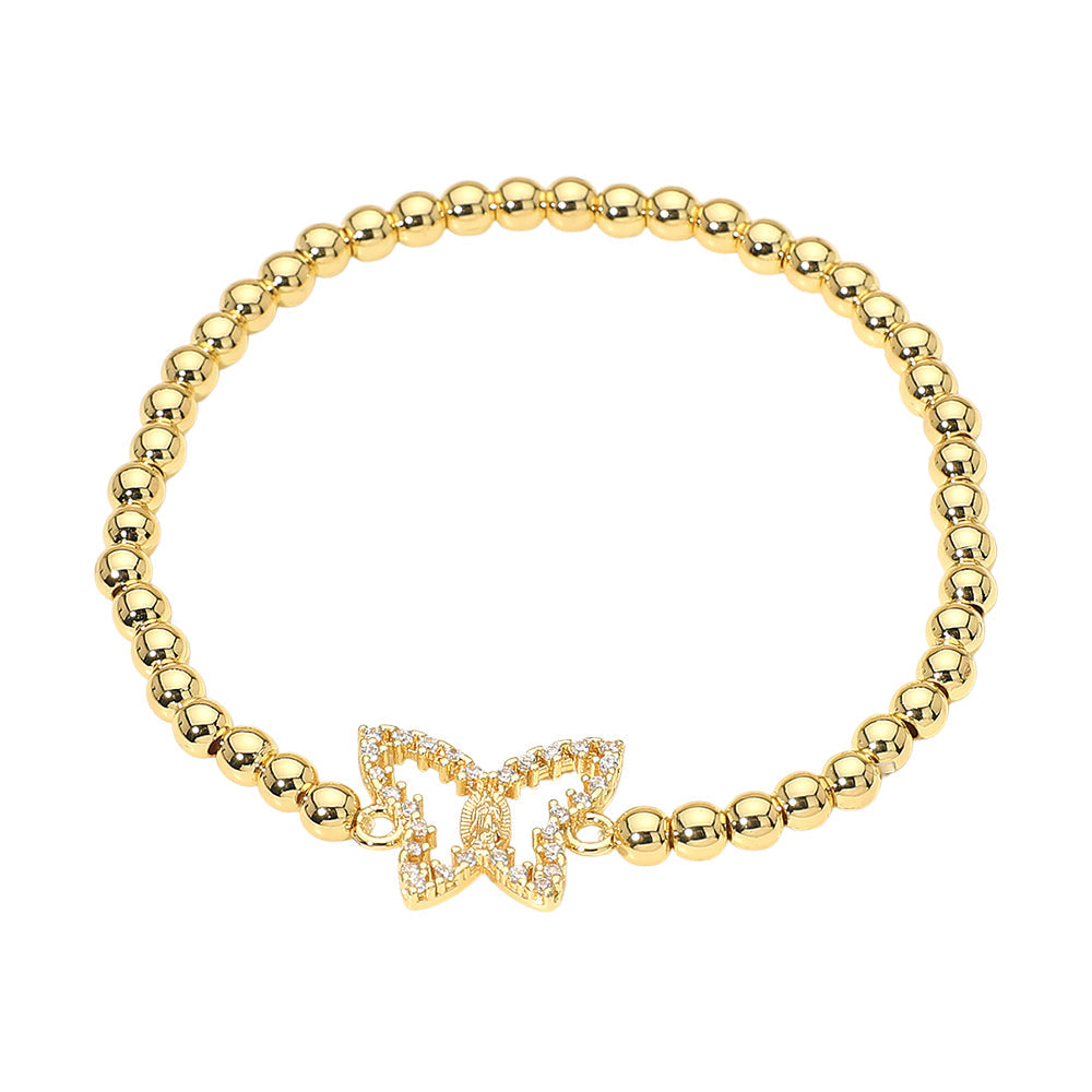 Brazalete elástico de acero inoxidable con dije de mariposa de circonita cúbica pavimentada y cuentas