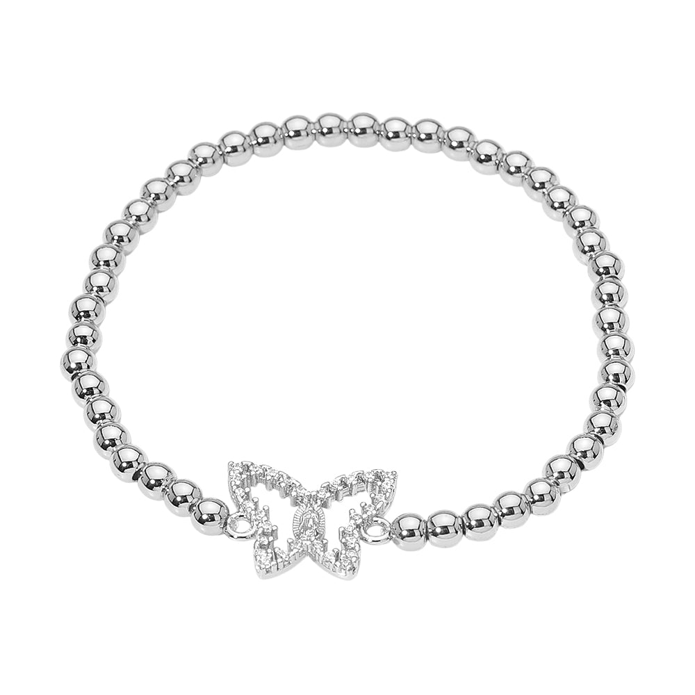 Brazalete elástico de acero inoxidable con dije de mariposa de circonita cúbica pavimentada y cuentas