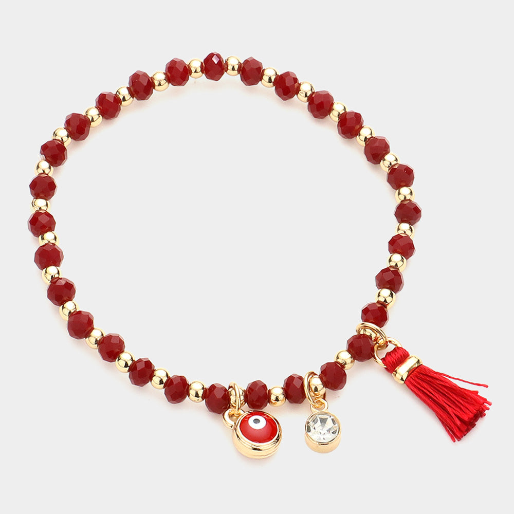 Evil Eye Round Stone Tassel Charm Faceted Beaded Stretch Bracelet