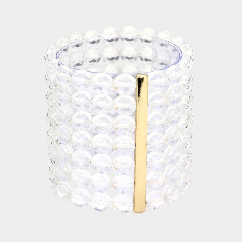 7Rows Wide Faceted Round Clear Lucite Beaded Stretch Bracelet