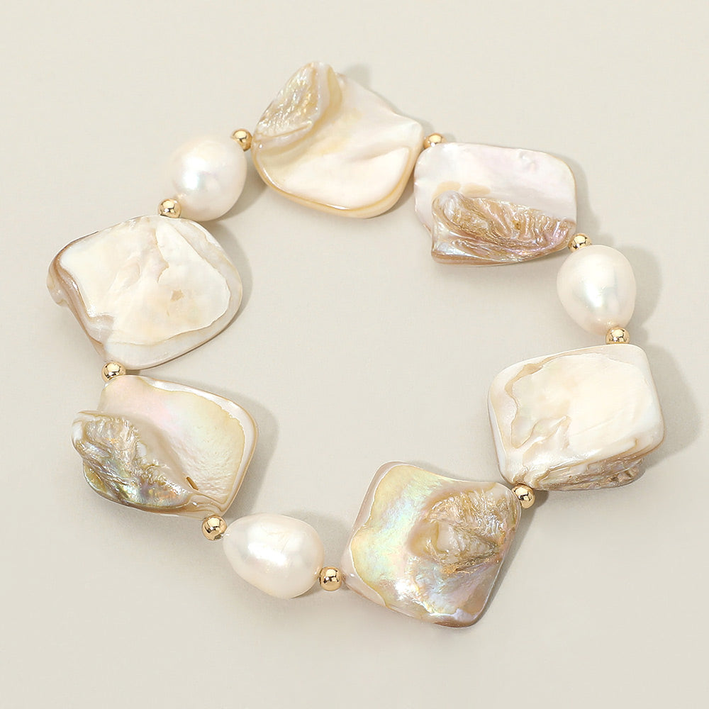 Freshwater Pearl Sculpted Organic Shaped Shell Beaded Stretch Bracelet