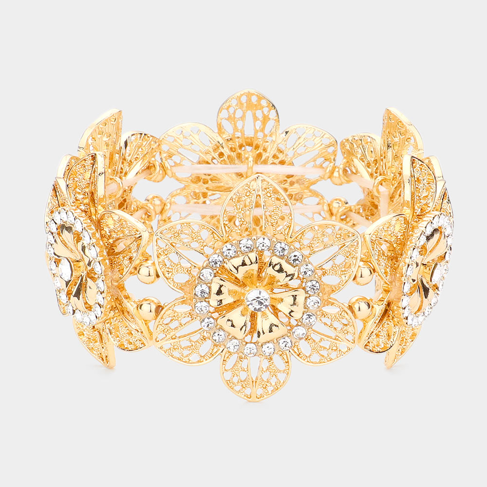 Rhinestone Embellished Cutout Metal Flower Stretch Bracelet