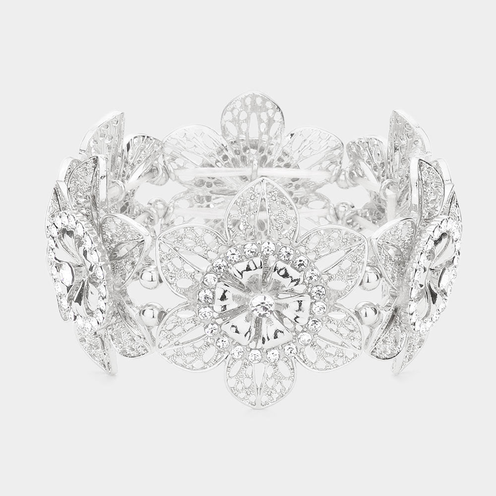 Rhinestone Embellished Cutout Metal Flower Stretch Bracelet