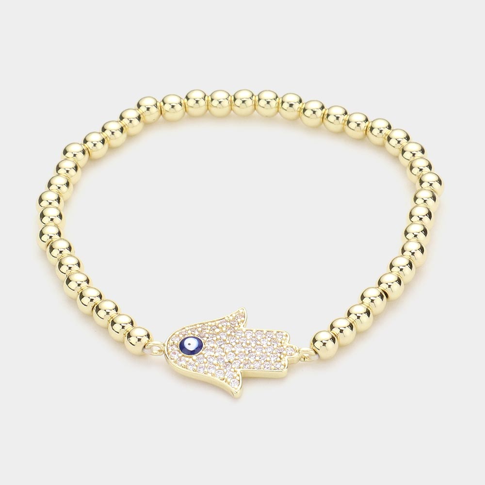 Brass Metal Ball CZ Hamsa Hand Enamel Evil Eye Charm Stretch Bracelet