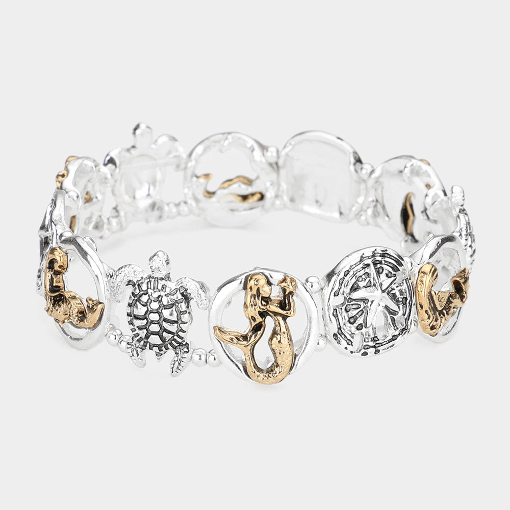 Sea Life Antique Metal Pendant Link Stretch Bracelet