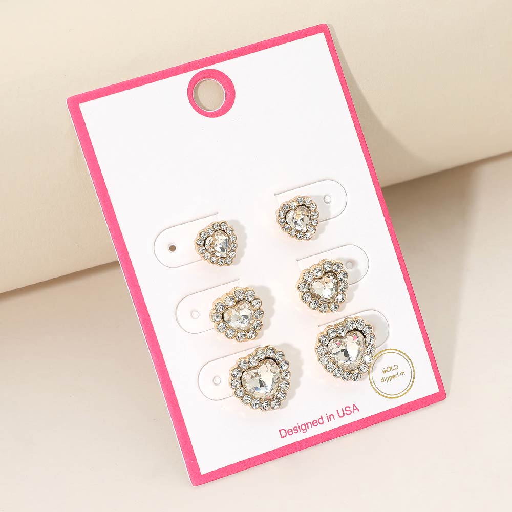 3 pares - Set de pendientes de tuerca con halo de corazón bañados en oro