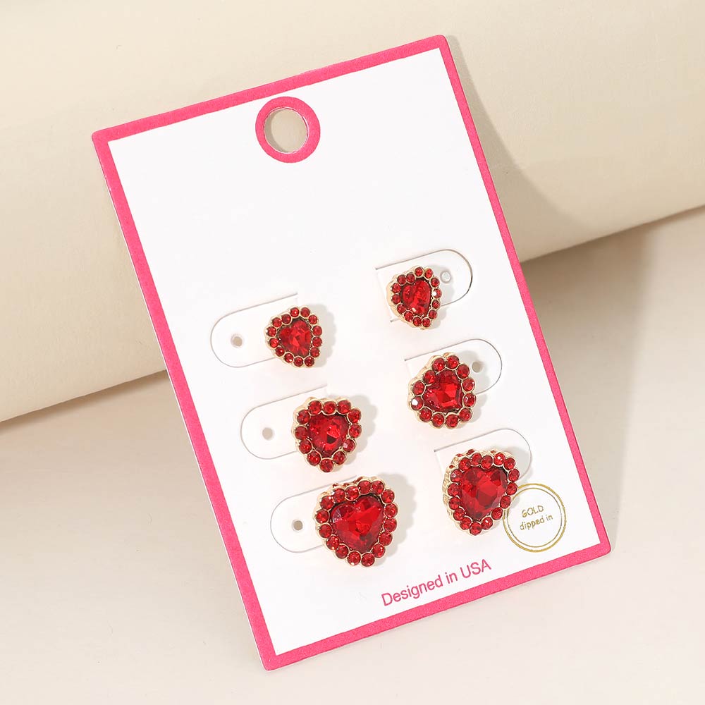 3 pares - Set de pendientes de tuerca con halo de corazón bañados en oro