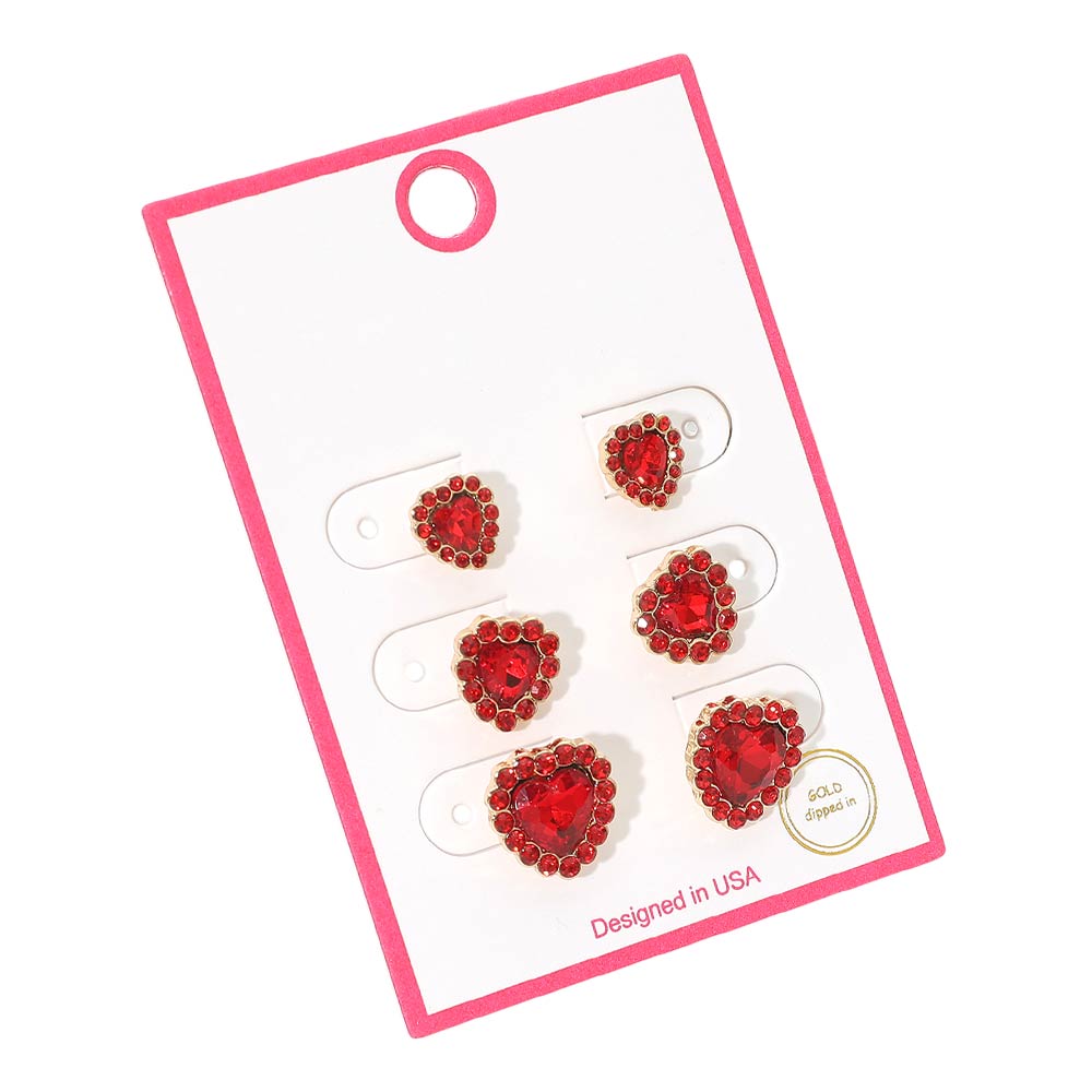 3 pares - Set de pendientes de tuerca con halo de corazón bañados en oro