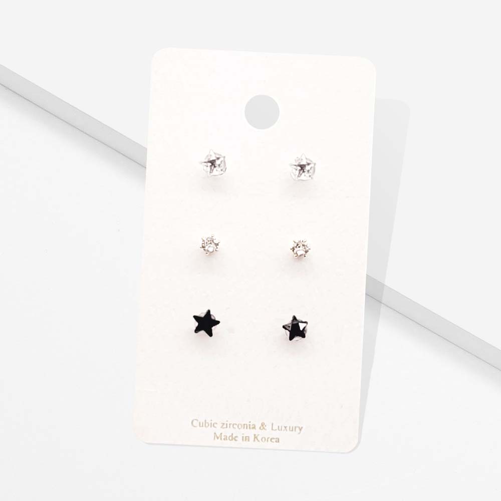 3Pairs - CZ Star Round Stud Earrings