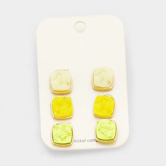3Pairs Genuine Druzy Square Stud Earrings